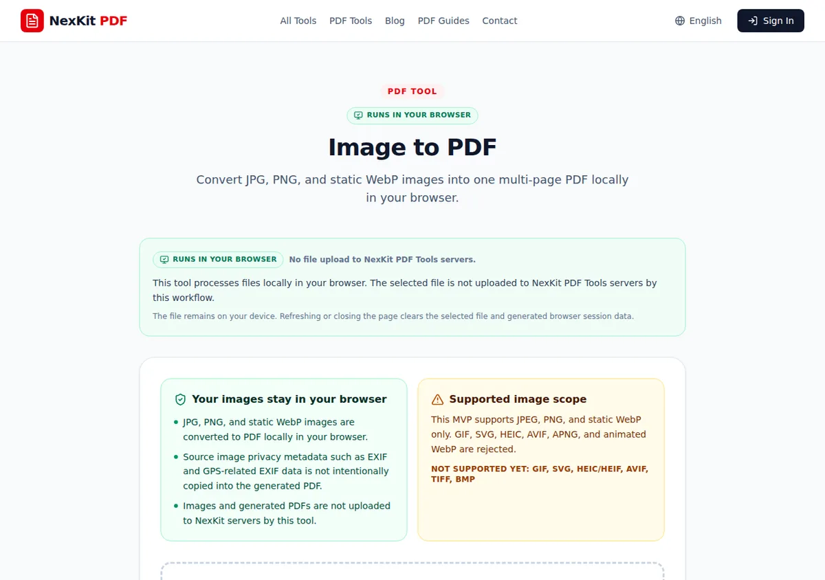 NexKit Image to PDF tool showing a portrait JPEG, landscape PNG, and square WebP arranged in output order