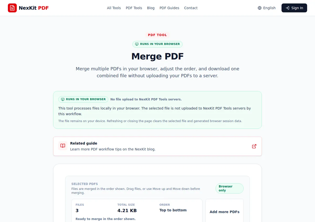 NexKit Merge PDF tool showing a generated cover, report, and appendix selected in order