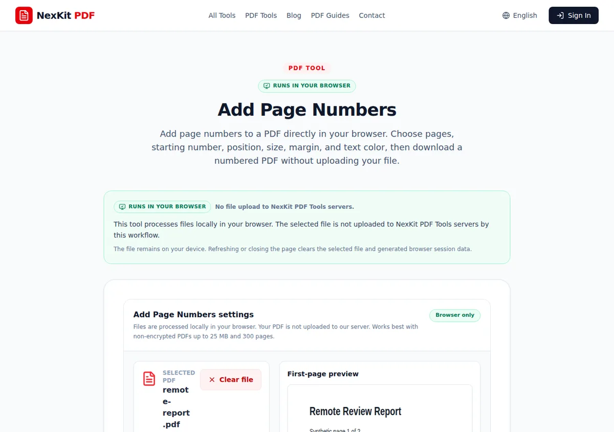 NexKit Add Page Numbers settings showing a generated two-page PDF ready for browser-local numbering