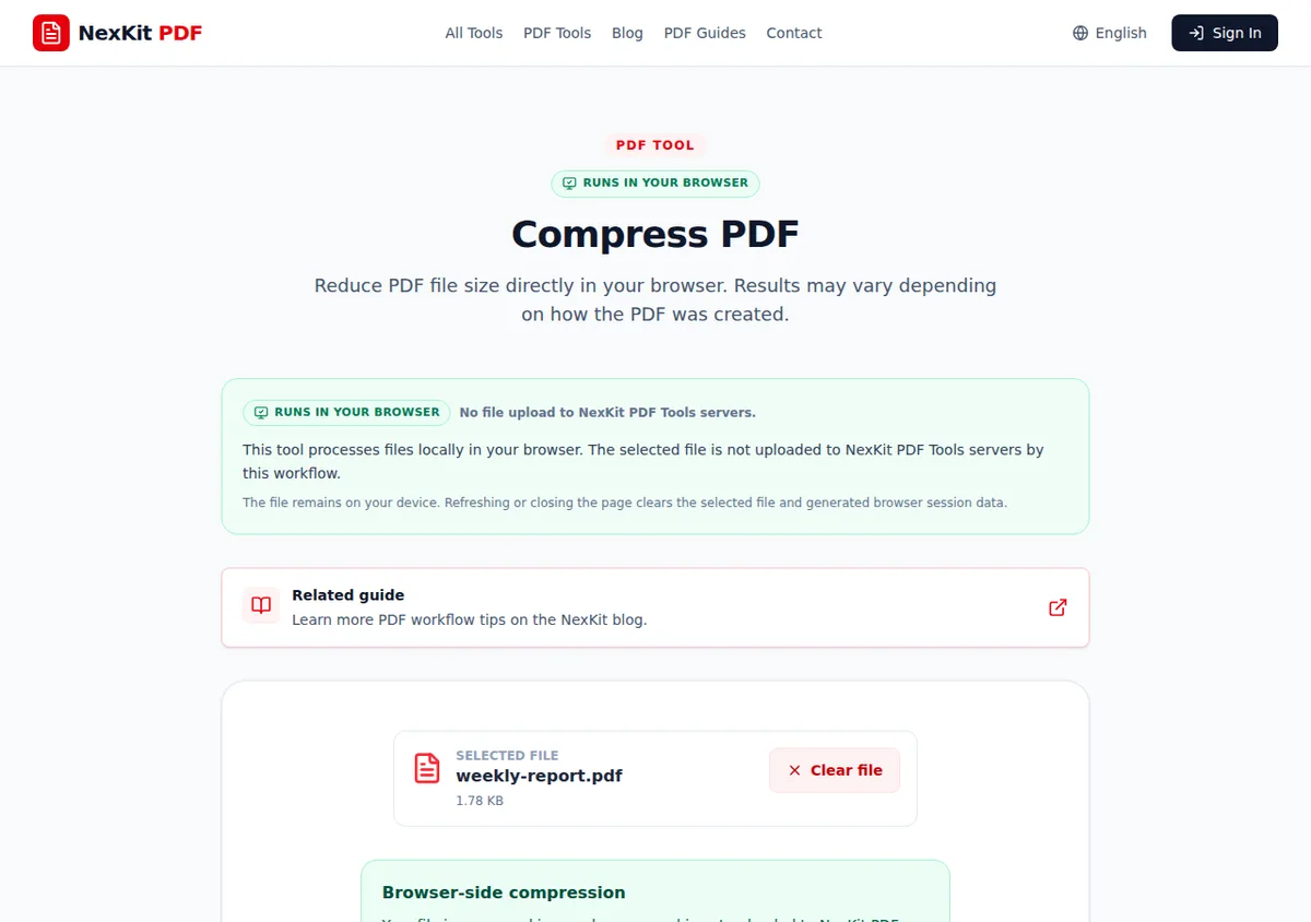 NexKit Compress PDF settings showing a generated weekly report ready for browser-side compression