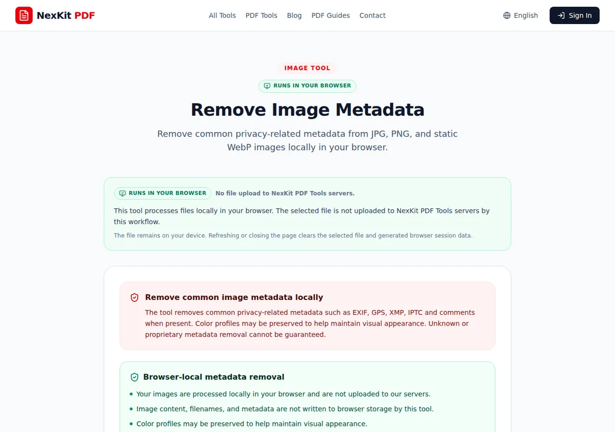 NexKit Remove Image Metadata tool showing generated JPEG and PNG files selected for a weekly cleanup task